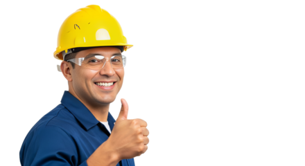 Latino construction worker smiling with thumbs up on white background demonstrates workplace approval and job satisfaction
