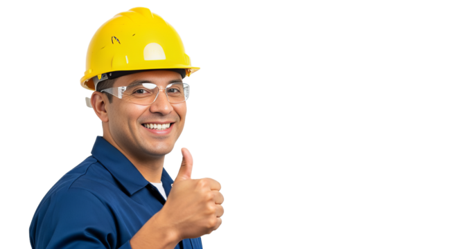 Latino construction worker smiling with thumbs up on white background demonstrates workplace approval and job satisfaction