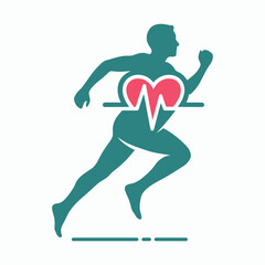 Fototapeta premium Silhouette of a person running with a heart rate monitor integrated into the body. Medical Logo.