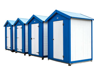 A row of blue and white beach huts line up in neat, orderly fashion with blue trim and white doors and siding