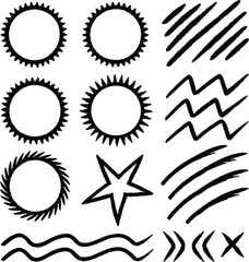 Collection of black chalk drawn abstract shapes and lines on white background