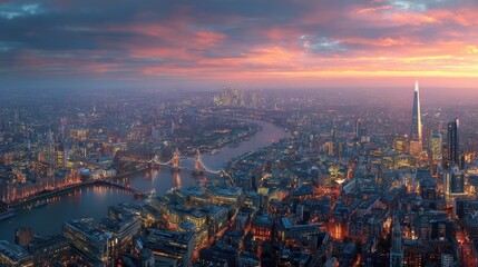 Naklejka premium Colorful sunset over London skyline with river Thames flowing and city lights shining