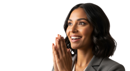 Excited Latina entrepreneur claps hands and smiles while brainstorming ideas in creative workspace