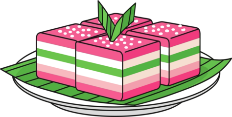 Traditional Layered Cake Dessert with Green Leaves on a Plate, Sweet Food Illustration