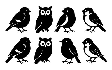 Naklejka premium Set of eight black bird and owl icons in silhouette style, including different small songbirds and owls. Vector illustration isolated on white background. Nature and wildlife concept. 
