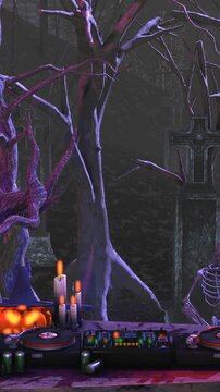 Seamless vertical video of a DJ booth and drunk skeletons in a cemetery at night. Funny halloween background.