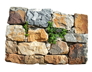 A rough stone wall is partially covered with vegetation. Rocks are various shades of brown, grey and tan