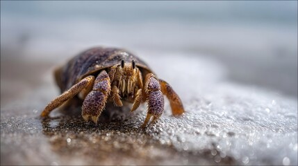 A hermit crab with its protective shell crawls on the wet sand of a beach with the ocean surf in the background
