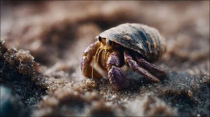 Close up ro view of a hermit crab with its shell crawling across wet beach sand