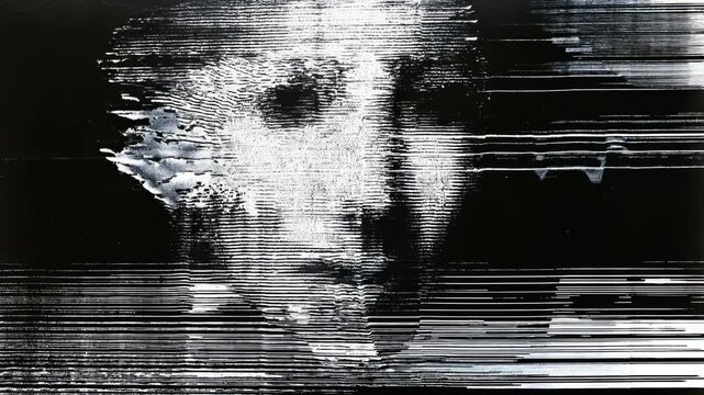 Black‑and‑white face morphs through fast scan lines, haunting digital identity concept perfect for cybersecurity themes, AI narratives, and moody title sequences that hook attention.