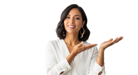 Confident Latina entrepreneur gestures while speaking in a crisp white blouse with gold earrings against a plain background