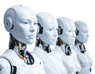 A row of four humanoid robot figures, all white with visible internal mechanisms, against a black background