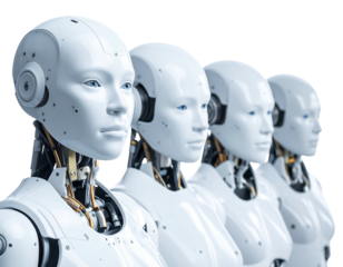 A row of four humanoid robot figures, all white with visible internal mechanisms, against a black background