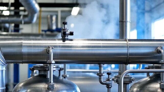 Close medium shot of glycol chiller pipes linked to a chemical processing unit, highlighting liquid cooling efficiency against a softly blurred factory background.