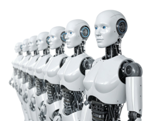 A lineup of identical white, humanoid female robots against a transparent black background