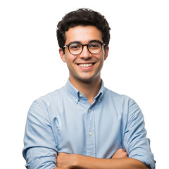 A cheerful young man with curly dark hair wearing glasses and a light blue collared shirt smiles broadly with his arms crossed isolated on transparent background
