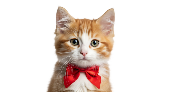 A cute orange and white kitten wearing a red bow tie, isolated on transparent background - Powered by Adobe