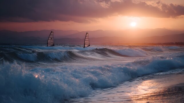 Two windsurfers navigate choppy ocean waves during a dramatic sunset over a distant coastline