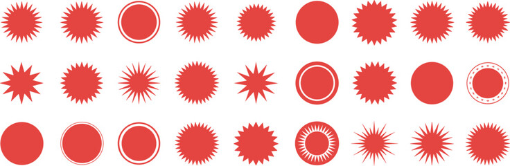 Set of 25 Stylized Red Circular Icons with Spikes, Rings, and Patterns for Symbol, Badge, UI, Graphic, and Design Use
