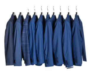 A row of suits hanging, various shades of blue, with one plaid pattern, isolated on a black background
