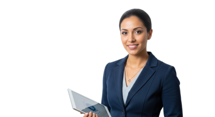 Latina professional woman holding tablet smiles confidently against a white background