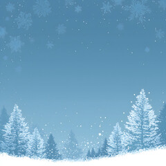 Snowy winter forest landscape with falling snowflakes and frosted trees