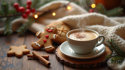 Cozy Christmas Morning Coffee with Gingerbread Cookies and Cinnamon