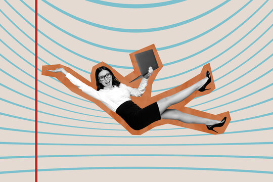 Full composite zine art pop trend collage of happy freelancer businesswoman surf laptop fall notepaper office it-specialist