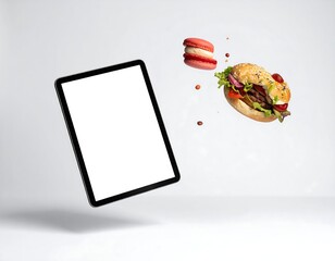 Tablet with floating hamburger and macarons against a white background