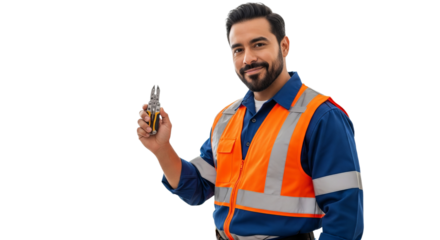 Latino electrician shows satisfaction while holding tools in a safety vest against a white background