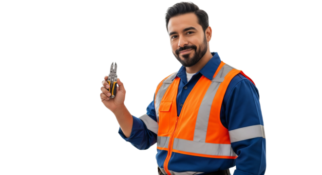 Latino electrician shows satisfaction while holding tools in a safety vest against a white background
