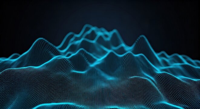 Digital landscape of undulating blue lines creates a visual of mountainous terrain against dark