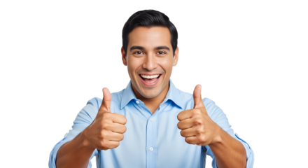 Cheerful Latino man gives double thumbs-up with bright smile and energy against white background