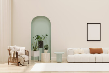 Modern living room with pastel green arch wall and white sofa 3D render, Scandinavian living room