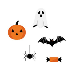 A collection of cute and spooky Halloween vector icons featuring a ghost, jack-o'-lantern, bat, spider, and candy isolated on a white background