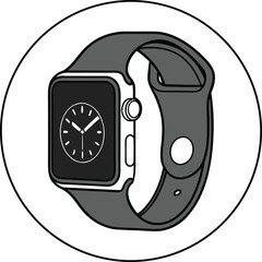 Stylized illustration of a smartwatch with a dark band and clock face wearable technology