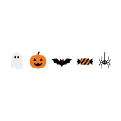 A simple set of pixel art Halloween icons featuring a ghost, jack-o-lantern, bat, candy, and spider isolated on a white background