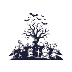 A spooky Halloween illustration of a haunted cemetery with a creepy dead tree, old gravestones, and a flock of flying bats