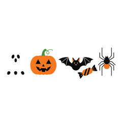 A minimalist flat design collection of classic Halloween symbols including a ghost, jack-o'-lantern, bat, candy, and spider isolated on a white background