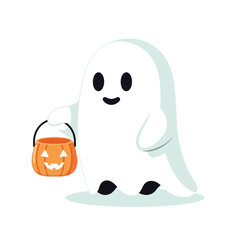 Cute Ghost Holding Jack-o-Lantern Bucket for Trick-or-Treating Halloween Candy
