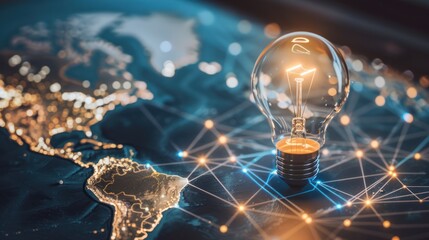 Light Bulb Illuminated Over World Map with Network Connections in Digital Technology Style