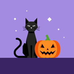 Halloween black cat sitting next to a carved jack-o'-lantern pumpkin on a purple background with subtle starry details