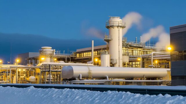 Industrial cryogenic plant with pipes, tanks, and frost-covered surfaces, emotion of technical expertise visible, symbolizing large-scale gas liquefaction, chemical industry innovation, and