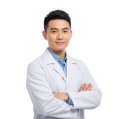 Young asian male medical professional wearing a white lab coat with arms crossed confidently isolated on transparent background