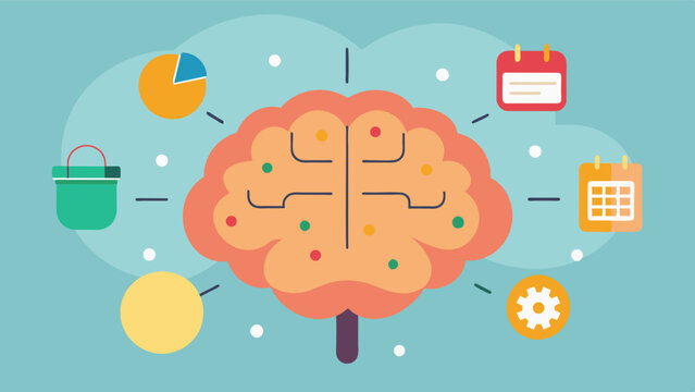 A brain with different dates and events floating around it representing the benefits of a personalized memory calendar in keeping the brain active and stimulated.. Vector illustration