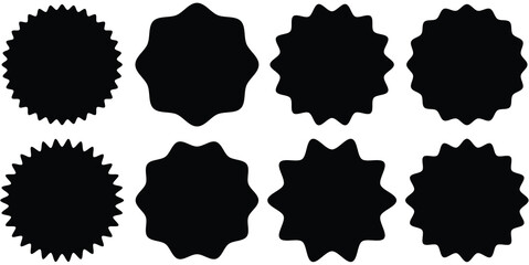 Set of black star burst shape tags for price. Circle sticker. Wavy edge promo badges. Blank sale stickers collection. Design elements of Price sticker, sale sticker, starburst, quality mark, retro.