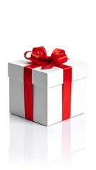 Plain white box tied with a bright red ribbon and bow