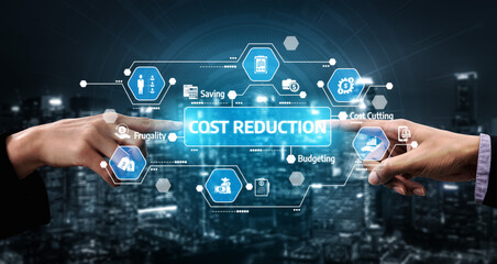 Two hands reaching towards interactive cost reduction symbols, highlighting concepts such as budgeting and saving, set against a glowing city skyline at night. Tessel