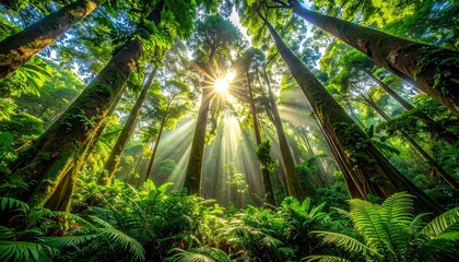 Sunlit Forest Canopy with Towering Trees and Lush Green Undergrowth at Dawn