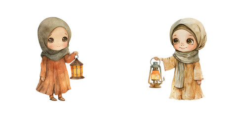 moslem girl holding lantern watercolor vector illustration